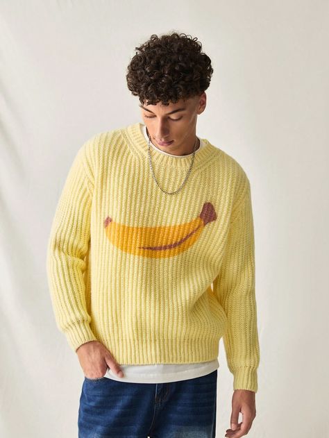 Men Knitted Loose Fit Casual Daily Wear Long Sleeve Sweater Yellow Casual  Wrist-Length Sleeve Knitted Fabric Cartoon,Fruit&Vegetable Pullovers Slight Stretch  Men Clothing, size features are:Bust: ,Length: ,Sleeve Length: Man's Overcoat, Cartoon Fruit, Korean Fashion Summer, Comfortable Pajamas, Man Weave, Casual Stripes, Yellow Sweater, Knitwear Men, Men's Knit