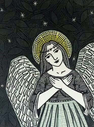 Lino cut ink picture of angel Angel Linocut, Christmas Printmaking, Advent Images, Linocut Inspiration, Lino Ideas, Advent Art, Linocut Ideas, Mark Hearld, Wooden Nativity