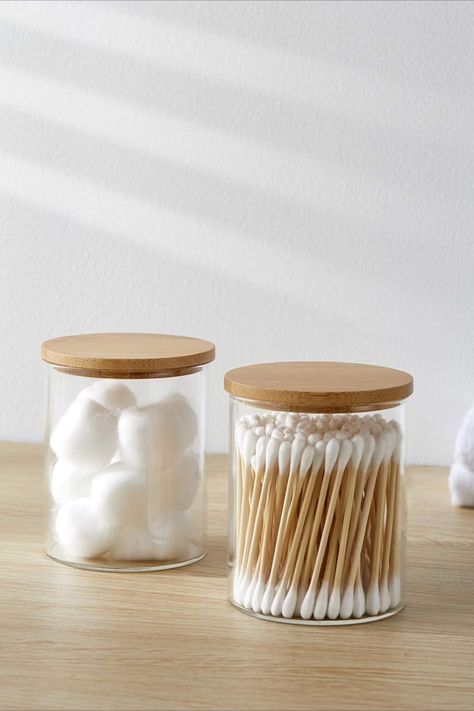 Glass Apothecary Jars, 2 Pack Qtip Holder Dispenser Glass Bathroom Vanity Jars Containers Organizer with Bamboo Lids for Cotton Balls Swabs Pads Rounds Q-tip Bath Salts Glass Bathroom Vanity, Dressing Table Organisation, Q Tip Holder, Bathroom Jars, Bathroom Containers, Bathroom Canisters, Dental Floss Picks, Floss Picks, Jars With Lids