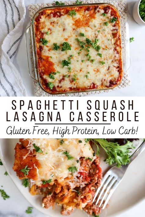 This is a great, easy spaghetti squash bake recipe! If you're looking for a low carb, low calorie, high protein, keto friendly, macro friendly dinner idea, this one is the best (it's even gluten free)! This casserole is made with cooked squash, ground beef (or sub ground turkey, ground chicken or Italian sausage), garlic, tomato, Italian seasonings, salt, pepper, cottage, ricotta, mozzarella cheeses & egg. Top with fresh parsley & parmesan cheese! Just 234 calories per serving & 10.5 Spaghetti Squash Lasagna Casserole, Macro Friendly Dinner, Easy Spaghetti Squash, Low Carb Low Calorie, Spaghetti Squash Lasagna, Squash Lasagna, Spaghetti Squash Casserole, Lasagna Casserole, Baked Spaghetti Squash