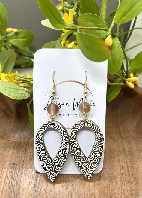 Gorgeous White Wood Tear Drop Earrings with Stunning Beads! Wood Dangle Earrings, Engraved Earrings, Ear Accessories, Earrings Wood, Tear Drop Earrings, White Damask, Western Boho, Wood Jewelry, Engraved Wood