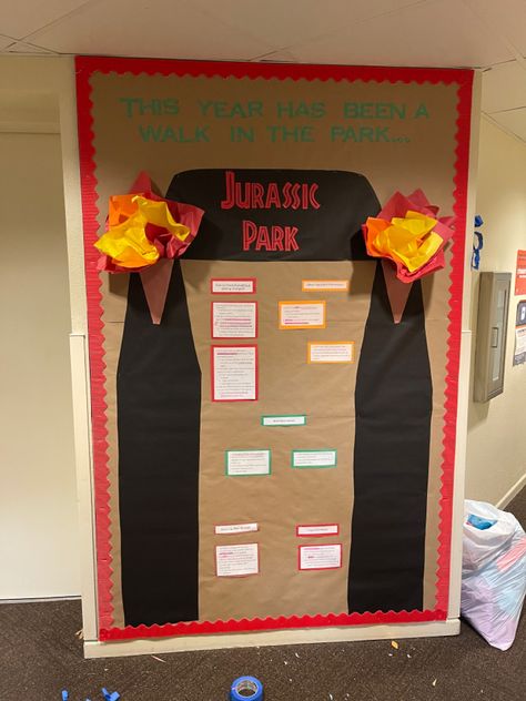 Jurassic Park Bulletin Board, Jurassic Park Door Decoration, Jurassic Park Front Door, Jurassic Park Classroom, Dinosaur Door Decs, Jurassic Park Entrance, Jurassic Park Entrance Gate, Easter Wreath Craft, Residence Life