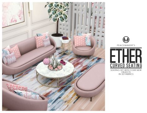 Ether Curved Seating - Four New Seating OptionsI wanted to create a curved sofa as a bit of a challenge from an image I found on pinterest (like usual) and ended up with the set you see above. I get modern but a bit of a retro vibe from this design and I surprisingly love it in pink. Another great sofa collection to add to my ever expanding catalogue of living room seating. Will I stop? Probably not. The Build/Buy items feature:basegame compatibilitynon-default4 meshes in total with betwe Sims 4 Living Room, Living Room Sims 4, Sims 4 Cc Furniture Living Rooms, Curved Seating, Sims Builds, Sims 4 Bedroom, Design House Stockholm, Sims 4 Mm Cc, Sims Ideas