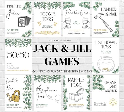 A "Jack and Jill" - or a "Stag and Doe" - is a party thrown for an engage couple to raise money for their future wedding plans.  It includes games, music, drinking and dancing, and of course decorations!  This editable sign bundle includes 18 templates to personalize your Jack and Jill and add a little more fun!  This bundle includes classic Jack and Jill fund raising and games signs + instructions - keep reading for more details.   This bundle also includes a complete checklist for everything y Jack And Jill Decorations, Stay And Doe Games, Stag N Drag Ideas, Games For Jack And Jill Party, Stag Doe Games, Stag And Drag Games, Jack And Jill Decorations Ideas, Stag And Doe Game Ideas, Stag And Doe Theme Ideas