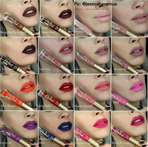 Too Faced liquefied matte swatches Blue Eyes Make Up, Too Faced Melted Matte, Too Faced Melted, Budget Beauty, Lip Swatches, Lipstick Swatches, Kesha, Makeup Swatches, Makeup Goals