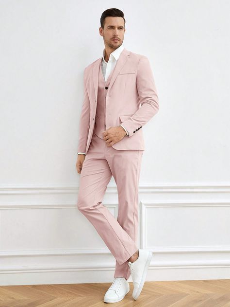 Baby Pink Casual Collar Long Sleeve  Plain  Embellished Non-Stretch Spring/Fall Men Clothing Pink And White Suit Men, Pink Blazer Outfit Men, Baby Pink Blazer, Pink Suit Men, Mario Wedding, Pink Blazer Outfit, Suits And Sneakers, Vest Suit, Woman In Suit