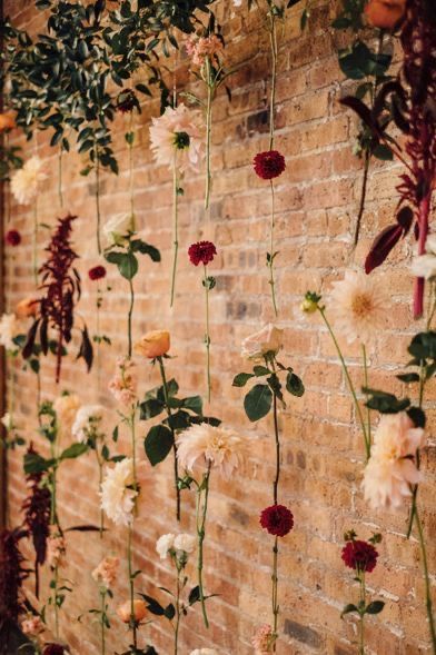 Wedding Flower Wall Backdrop Fall, Rustic Boho Wedding Outdoor, Flowers On Brick Wall, Dried Flower Wall Backdrop Wedding, Floating Flower Wall Wedding, Wedding Brick Wall Decor, Wedding Backdrop Brick Wall, Wedding Photo Backdrop Brick Wall, Brick Wall Floral Backdrop