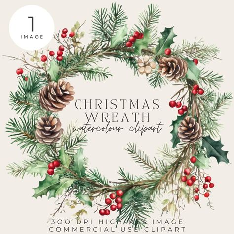 Watercolor Christmas Clipart, Christmas Wreath Painting Acrylic, Christmas Wreath Painting, Christmas Wreath Art, 2024 Ornaments, Christmas Wreath Illustration, Watercolor Christmas Wreath, Greenery Christmas, Painted Christmas Cards