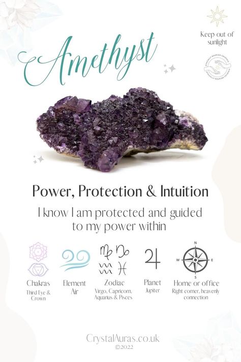 Amethyst Crystal Quick Guide with information about the properties of Amethyst, an affirmation, Crystal Zodiac, Element, Chakras, Planet and Feng Shui - where to use Amethyst in the home by Crystal Auras. CrystalAuras.co.uk Zodiac Planets, Crystal Power, Crystal Guide, Fact Sheet, Quick Guide, Amethyst Crystal, Third Eye, Violet, Amethyst