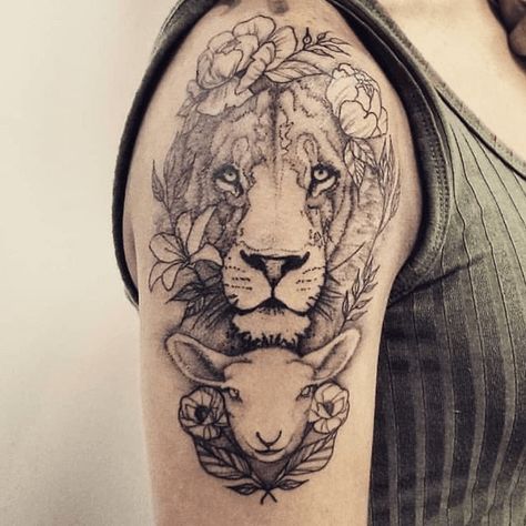 12+ Best Lion and Lamb Tattoo Designs Lion And Lamb Tattoo, The Lion And The Lamb, Lamb Tattoo, Lion And The Lamb, Lion Lamb, Grace Tattoos, Bible Tattoos, Butterfly Tattoos For Women, Faith Tattoo