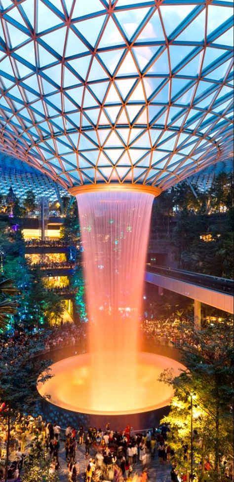 Jewel Changi Airport Singapore-Waterfall called the Rain Vortex Waterfall From Roof, Jewel Airport Singapore, Changi Airport Aesthetic, Singapore Airport Aesthetic, Jewel Changi Airport, Changi Airport Singapore, Changi Airport, Airport Aesthetic, Roof Structure