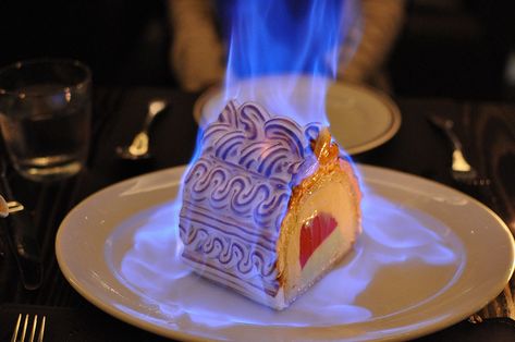 Omelette Norvegienne baked alaska for two vanilla & verbena ice cream raspberry sorbet, fresh meringue flambée with chartreuse | Flickr - Photo Sharing! Roger Troutman, Flame Cake, Flambe Desserts, Dessert Recipies, Baked Alaska, Dessert Dips, Plated Desserts, Food Cakes, Ice Cream Cake