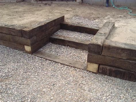 Rail road tie steps Railroad Ties Landscaping, Wooden Retaining Wall, Railroad Tie Retaining Wall, Retaining Wall Steps, Wood Retaining Wall, Railroad Tie, Backyard Retaining Walls, Building A Retaining Wall, Exterior Garden