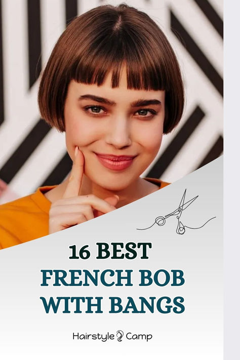 French Bob with Bangs Edo Salon French Bob, Chin Length Bob With Wispy Bangs, French Bob On Oval Face, French Inspired Hairstyles, Mini French Bob, Dutch Bob Haircut, Frenchbob Bangs, Chin Length Haircuts With Bangs, Sleek Bob With Bangs