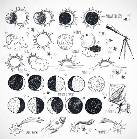 Astrology sketches // moon sun stars // Via @elisepdavis Astronomy Sketches, Space Doodles, Space Drawings, Vector Sketch, Celestial Art, Tattoo Flash Art, Doodle Sketch, Moon Sun, Flash Art