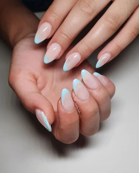 Blue Ombré Almond Nails, Tiffany Blue Nails French Tips, Light Teal French Tip Nails, Ocean Blue French Tip Nails, Light Blue Nail Tips, Tiffany Blue French Tip Nails, Light Blue French Tip Nails Almond, Light Blue Tip Nails, Light Blue Almond Nails Design