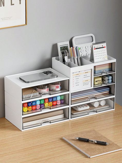 White  Collar  PS   Embellished   Storage & Organization Desktop Storage Drawers, Desktop Drawers, Bilik Mandi, Organized Desk Drawers, Desk Ideas, Desk Supplies, Stationery Storage, Office Desktop, Stationery Organization