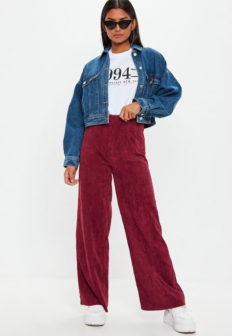 Red Trousers Outfit Casual, Red Velvet Pants Outfit, Red Trousers Outfit, Velvet Pants Outfit, Maroon Pants Outfit, Red Velvet Pants, Wide Leg Trousers Outfit, Corduroy Pants Outfit, Red Wide Leg Pants