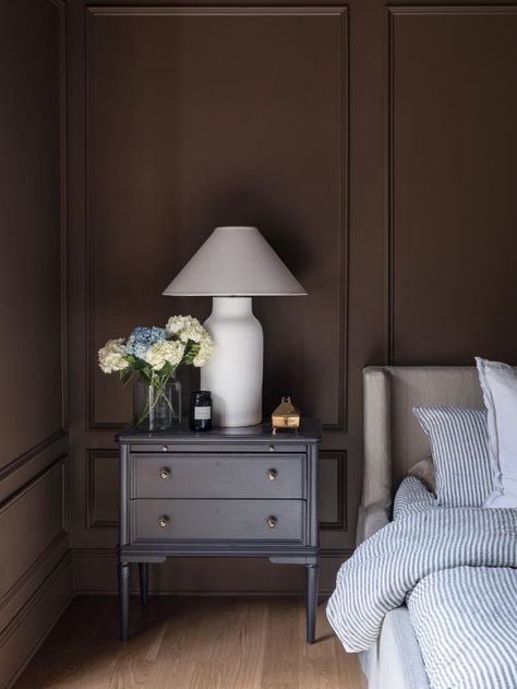 Moody Brown Bedroom Painted Built Ins Bedroom, Dark Brown Interior Paint, Moody Bedroom Wall Colors, Moody Brown Bedroom, Brown Paint Bedroom, Burgundy Bedroom Walls, Dark Blue Bedroom Paint, Dark Brown Bedroom Walls, Brown Interior Paint