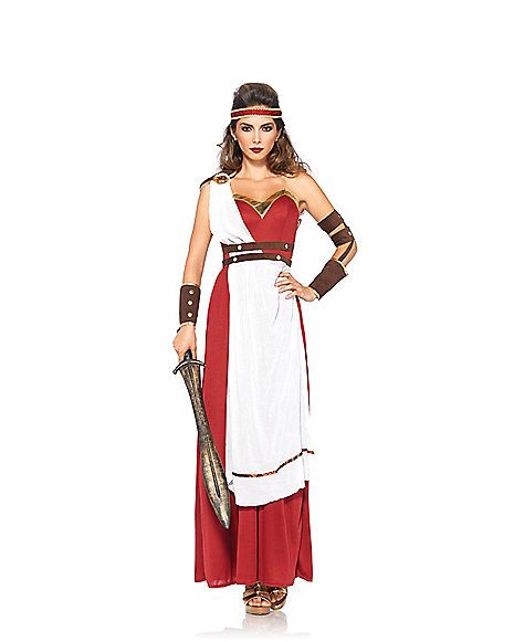 Adult Spartan Goddess Costume - Spirithalloween.com Female Spartan, Spartan Costume, Goddess Costumes, Red Fancy Dress, Peasant Costume, White Halloween Costumes, Roman Costume, Greek Costume, Greek Women