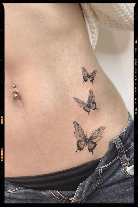 Pelvic Tattoo Hip Butterfly, Butterflies On Hip Tattoo, Butterfly Abdomen Tattoo, Hip Butterfly Tattoos Women, Butterfly Tummy Tattoo, Butterfly Pelvic Tattoo, Butterfly Hip Tattoos Women, Tattoo On Tummy, Underboob Tattoo Butterfly