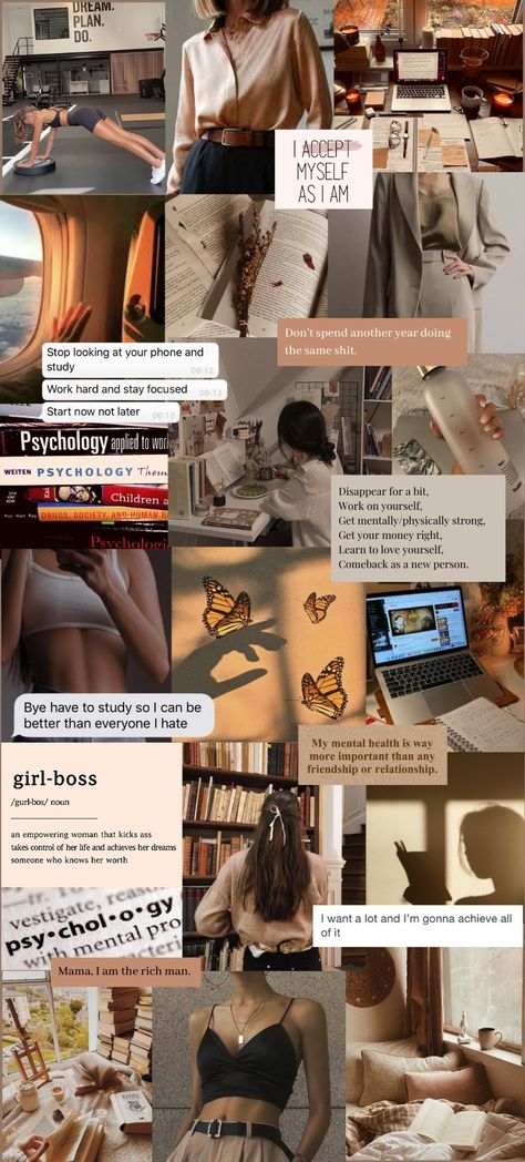 2024 Vision Board Psychology, Pyschology Girl Aesthetic, Aesthetic Vision Board Pictures Psychology, Vision Wallpaper Aesthetic, Vision Board Collage Study, Aesthetic Wallpaper Back To School, Corporate Aesthetic Wallpaper, Vision Board Student Aesthetic, Brown Vision Board Wallpaper