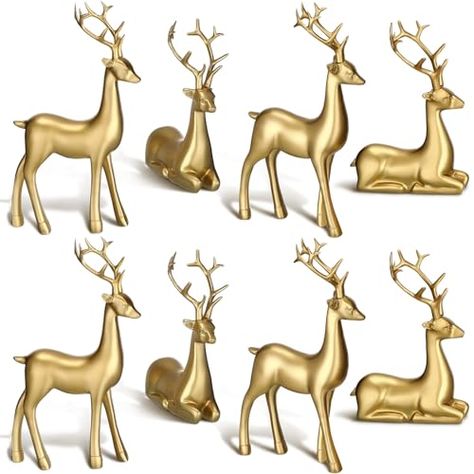 Wenqik 8 Pcs Christmas Reindeer Figurines Gold Deer Christmas Decor Xmas Sitting Standing Deer Statues Rustic Small Reindeer Sculpture for Home Living Room Cabinet Table Office Indoor Decoration Gift Gold Reindeer Decor, Deer Christmas Decor, Reindeer Sculpture, Reindeer Statue, Living Room Cabinet, Standing Posture, Gold Deer, Deer Statues, Reindeer Figurine