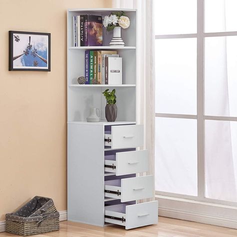 Tall Corner Cabinet, Bathroom Corner Storage, Corner Shelving, Slim Bookcase, Corner Shelving Unit, Bookcase With Drawers, Corner Storage Cabinet, Corner Bookshelves, Living Room Corner