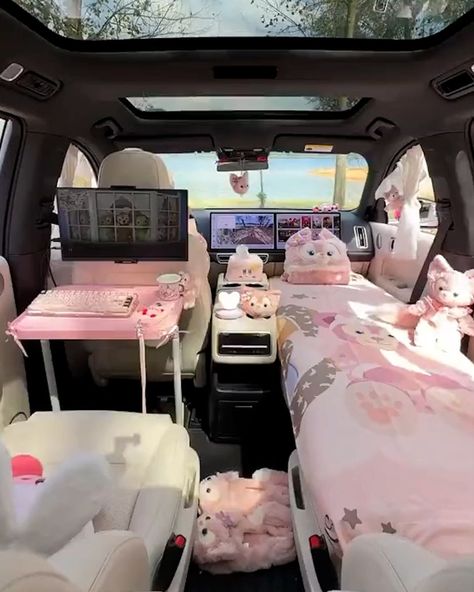 Her car is a pink wonderland 💖 | motor car | Her car is a pink wonderland 💖 | By Lilyon | Facebook Pink Wonderland, Aesthetic Camping, Tents Camping, White Room Decor, Camping Set Up, Big Bertha, Interior Design Drawings, New Technology Gadgets, Car Camper