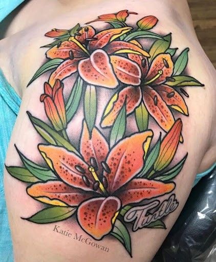 Lilly Tattoo Traditional, Fat Cat Tattoo, Tattoo Designs Traditional, Final Fantasy Tattoo, Lilly Tattoo, Brighton Tattoo, Fantasy Tattoo, Lillies Tattoo, Saint Cecilia