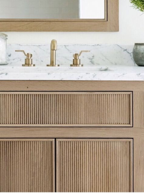 Flat Front Bathroom Cabinets, Reeded Bathroom Cabinet, Reeded White Oak Vanity, Fluted Cabinet Bathroom, Bathroom Vanity Cane Doors, Reeded Cabinets Bathroom, Fluted Wood Vanity, Pole Wrap Bathroom Vanity, Reeded Bathroom Vanity