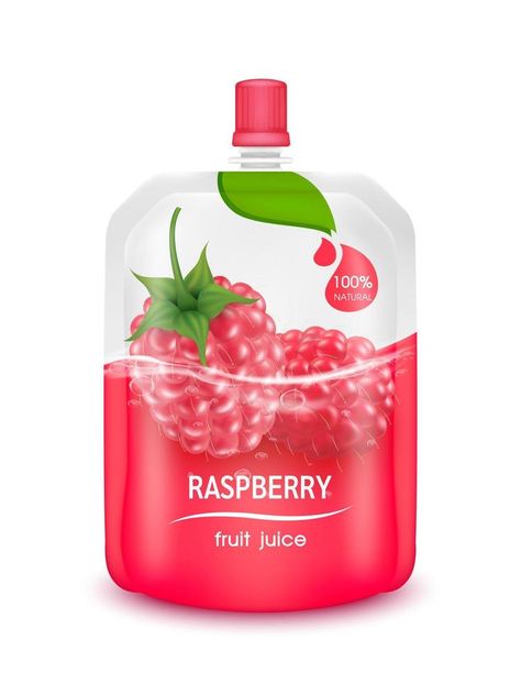 Raspberry juice jelly drink in foil pouch with top cap and design of raspberry fruit red packaging mock up. Isolated on a white background. Realistic 3D vector EPS10 illustration. Juice Jelly, Jelly Drink, Raspberry Juice, Kids Drinks, Red Packaging, Juice Ad, Jam Packaging, Juice Pouch, Raspberry Fruit