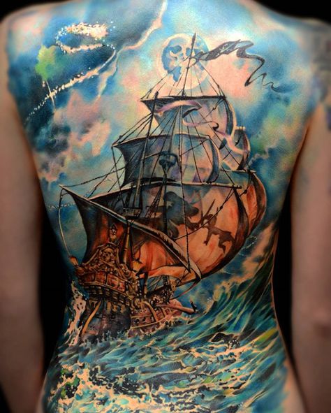 Holy Peter Pan vs. Captain Hook! full back tattoo - 100 Boat Tattoo Designs  <3 <3 Peter Pan Tattoos, Ship Tattoo Sleeves, Pirate Ship Tattoos, Back Tattoo Women Spine, Peter Pan Tattoo, Pirate Ship Tattoo, Lower Back Tattoo Designs, Storm Tattoo, Boat Tattoo