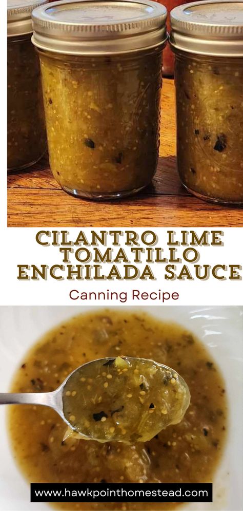 This cilantro lime tomatillo enchilada sauce recipe for canning is a delicious easy sauce to make from ripe tomatillos. Canning your own enchilada sauce is much more healthy and affordable than from the grocery store than store canned enchilada sauce, and by canning several pints at a time, you can stock your food pantry and have this yummy green sauce anytime. This sauce is great on tacos, enchiladas and burritos. Also wonderful in casseroles and soups and stews! Tomatillo Enchilada Sauce, Green Enchilada Sauce Recipe, Tomatillo Recipes, Enchilada Sauce Recipe, Easy Canning, Recipes With Enchilada Sauce, Canning Recipe, Homemade Enchiladas, Green Enchilada Sauce