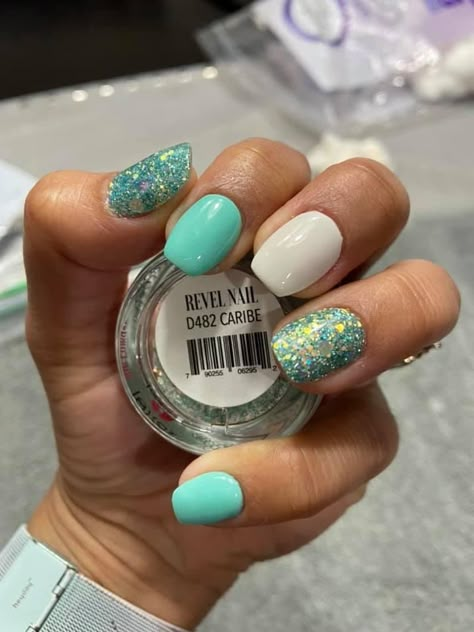 Turquoise Sns Nails, Turquoise Dip Powder Nails, Beach Nails Vacation Dip Powder, Dip Powder Spring Nails, March Dip Nails Ideas, Turquoise Nails With Glitter, Seaglass Nails, Revel Nail Dip Powder Ideas, Sea Foam Nails