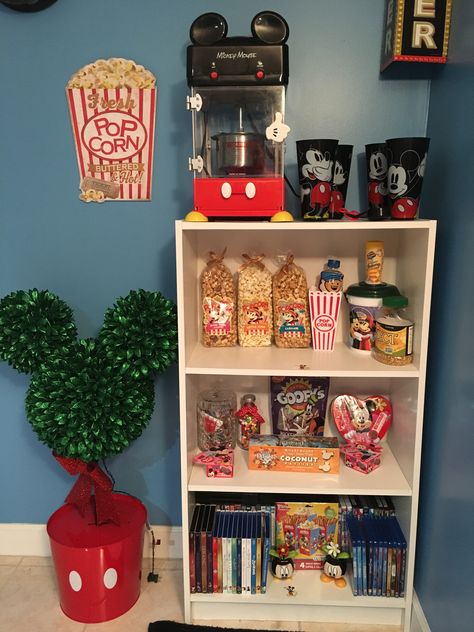 Mickey mouse basement home theater Organization Ideas On A Budget, Room Storage Organization, Storage Organization Ideas, Concession Stands, Movie Theater Rooms, Deco Disney, Casa Disney, Basement Home Theater, Basement Home