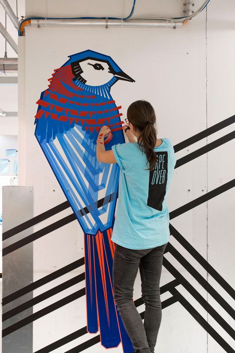 TAPE ART created by TAPE OVER // international tape art crew - TAPE ART SHOWCASE Tape Murals High Schools, Tape Mural Wall Art, Graphic Mural Design, Tape Art Wall, Tape Art Ideas, Tape Mural, Painters Tape Art, Washi Tape Art, Washi Tape Wall Art