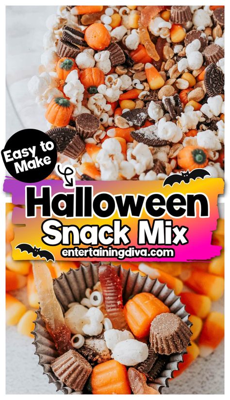 Snack Mix With Popcorn, Halloween Trail Mix Recipe, Halloween Snack Mix, Easy Halloween Snacks, Popcorn Candy, Halloween Popcorn, Trail Mix Recipes, Halloween Snack, Candy Corn Halloween