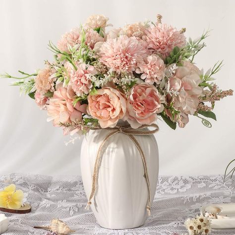 Artificial Flowers In Vase, Flowers In Vase, Peony Flower Bouquet, Silk Flower Bouquets, Fake Flower Arrangements, Silk Peonies, Fake Hydrangeas, Flower Vase Arrangements, Hydrangea Arrangements