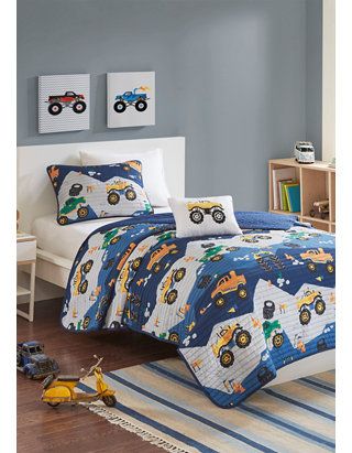 JLA Home Nash Monster Truck Reversible Coverlet Set | belk Space Comforter, Boys Comforter Sets, Colorful Bedding Sets, Dream Villa, Grey Comforter, Blue Comforter Sets, Colorful Bedding, Blue Comforter, Twin Comforter Sets