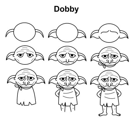 Step-by-step tutorial to draw Dobby from Harry Potter Dobby Drawing, Dobby From Harry Potter, Harry Potter Art Projects, Dobby Harry, Harry Potter Planner, Harry Potter Sketch, Harry Potter Journal, Harry Potter Art Drawings, Harry Potter Painting