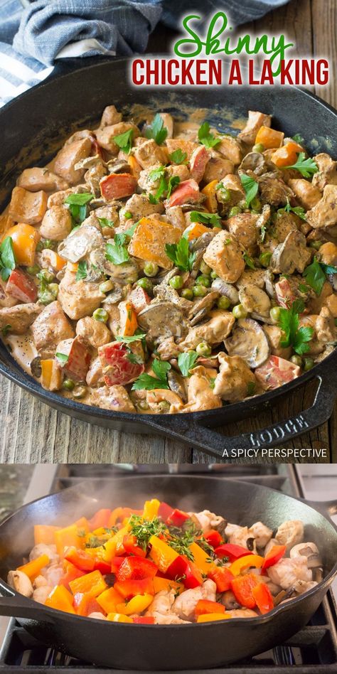 Skinny Chicken A La King Recipe - A tantalizing low carb twist on this classic chicken dish made with mushrooms, sherry, herbs, and peppers. #ASpicyPerspective #keto #lowcarb via @spicyperspectiv Chicken A La King Recipes, Lighter Recipes, Chicken A La King, Chicken Shack, Low Carb Chicken Recipes, Skillet Dinners, Chicken Dish, Dinner Bell, 300 Calories