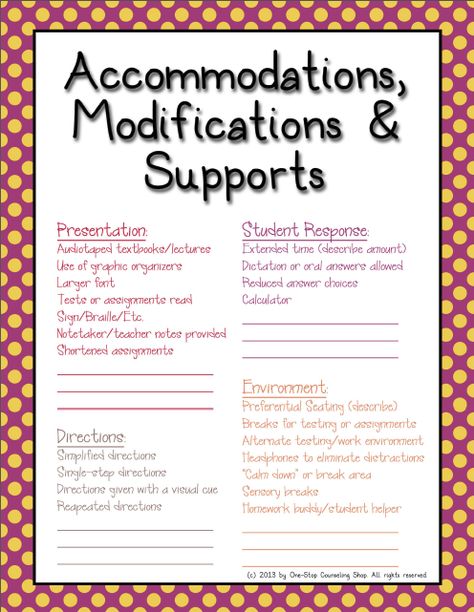 Organization Binder :: IEP Accommodations Cheat Sheet Great idea as a quick reference guide for gen ed teachers. 504 Accommodations Cheat Sheets, 504 Accommodations, Teacher Binder Organization, Iep Organization, Organization Binder, Colon Cleansing, Co Teaching, Teaching Special Education, Learning Support