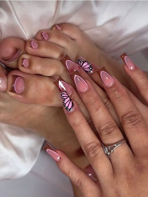 Brown  Collar    Color Nails Embellished   Nail,Hand & Foot Care Brown And Pink Nails, Pink And Brown Nails, Daily Wear For Women, Nail Shapes Square, Faux Nails, Butterfly Nail Designs, Brown Nails Design, Dream Boat, Acrylic Toe Nails