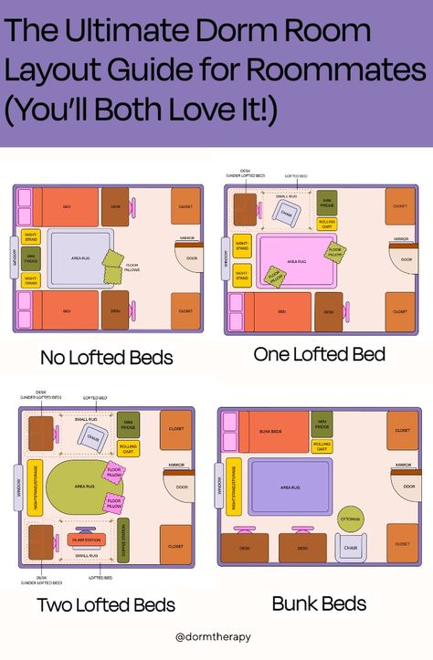 to loft or not to loft? a recent interior design grad shares his expert advice on 4 layout ideas for a double college dorm room.   #dormlayout #layoutideas #dormdecor #dormroom Three Bed Dorm Room Layout, Small Dorm Layout, Dorm Room Layouts Double Lofted, Bloxburg Shared Bedroom Ideas, Dorm Roommate Ideas, Shared Room Layout Ideas, Shared Apartment Ideas Roommate, Weird Room Layout, Dorm Set Up Layout Double