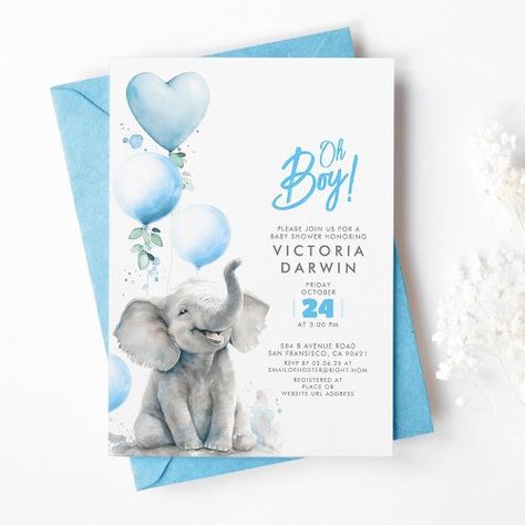 $2.92 | Baby Elephant Blue and Grey Cute Boy Baby Shower #little elephant baby shower invitation, oh boy baby elephant, blue and grey, peanut is on the way, soft pastel watercolor balloons, baby blue heart balloon, light grey elegant typography, boho eucalyptus leaves foliage, sweet cute bright cheerful, lighthearted joyful modern unique Pastel Images, Watercolor Foliage, Modern Baby Shower Invitations, Elephant Shower, Elephant Illustration, Elephant Baby Shower Invitations, Grey Elephant, Baby Shower Invites, Baby Bear Baby Shower