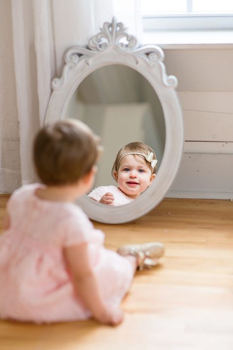 McKinney Texas milestone photos for one year old. Wearing a pink dress looking at herself in the mirror. Pictures taken by Rebecca Rice Photography. Baby Mirror Pictures, Miniature Bride, Photography Business Plan, Rice Photography, Baby Mirror, Studio House, Mirror Pictures, Mirror Photography, Milestone Photos