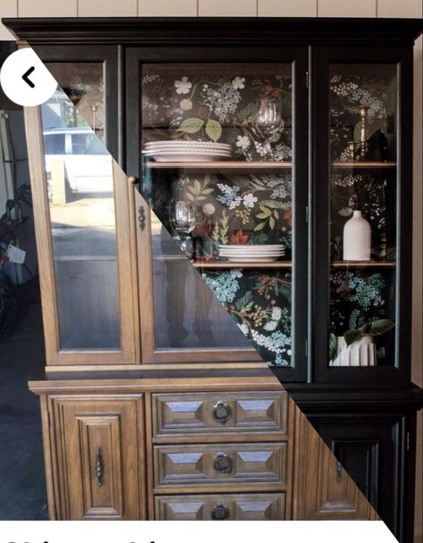 Black China Cabinet With Wallpaper, Black Curio Cabinet Makeover, Hutch With Wallpaper Back, Wallpaper China Cabinet, Hutch In Bedroom, Refinished Hutch Ideas, Black Hutch Makeover, Cabinet With Wallpaper, Refurbished Hutch Ideas