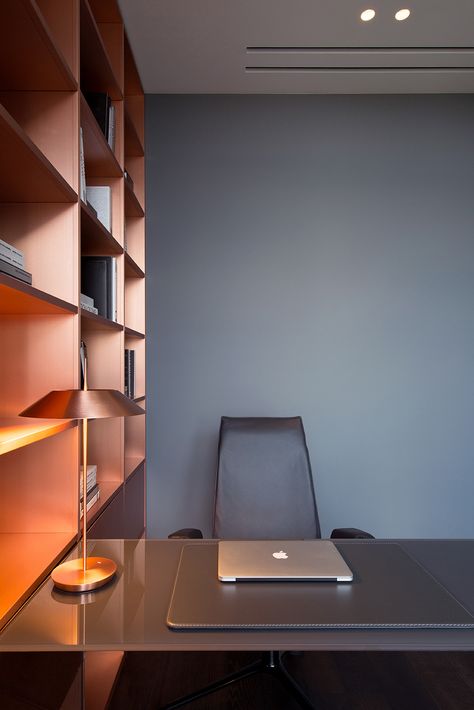 PecherSky apartment on Behance Copper Shelving, Copper Office, Study Desks, Working Room, Copper Interior, Copper And Grey, Best Home Interior Design, Bat Cave, Interior Design Software