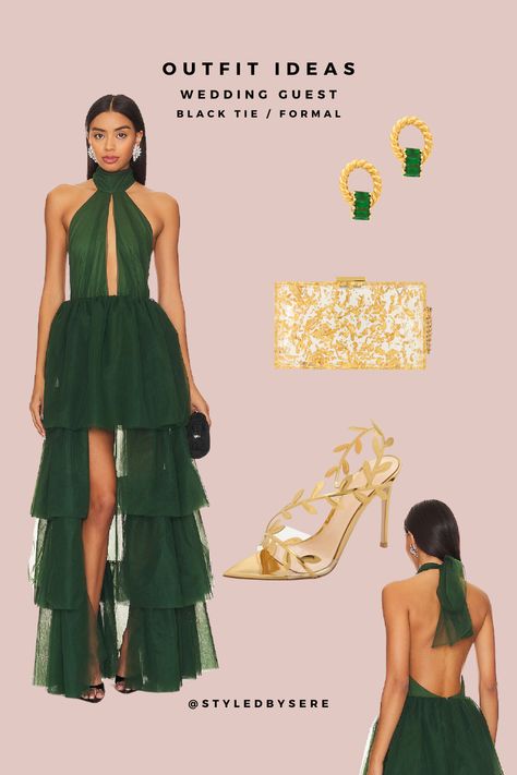 Bring a deep whimsy to your wedding guest look with this beautiful forest green tulle gown. Cut outs in all the right spots, the tiered ruffles bring romance to the look. Gold vine heels, a golden speckled clutch, and golden wrapped earrings add character & class to the ensemble. Vine Heels, Green Tulle Gown, Wedding Guest Black Tie, Forest Green Dresses, Golden Garden, Black Tie Formal, Green Tulle, Wrapped Earrings, Wedding Guest Looks